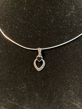 Sterling Silver necklace, double heart with onyx and marcasite